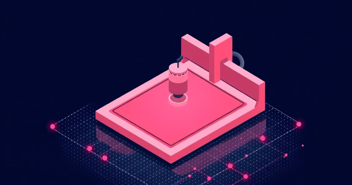 Flat isometric pink CNC router: a cylindrical spindle on an L-shaped gantry arm lowered over a wide flat bed, above glowing magenta dot grid lines.
