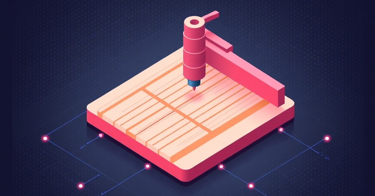 Flat isometric illustration of a pink CNC router spindle on a gantry cutting a plank-striped wood panel, with glowing blue node lines around the base.