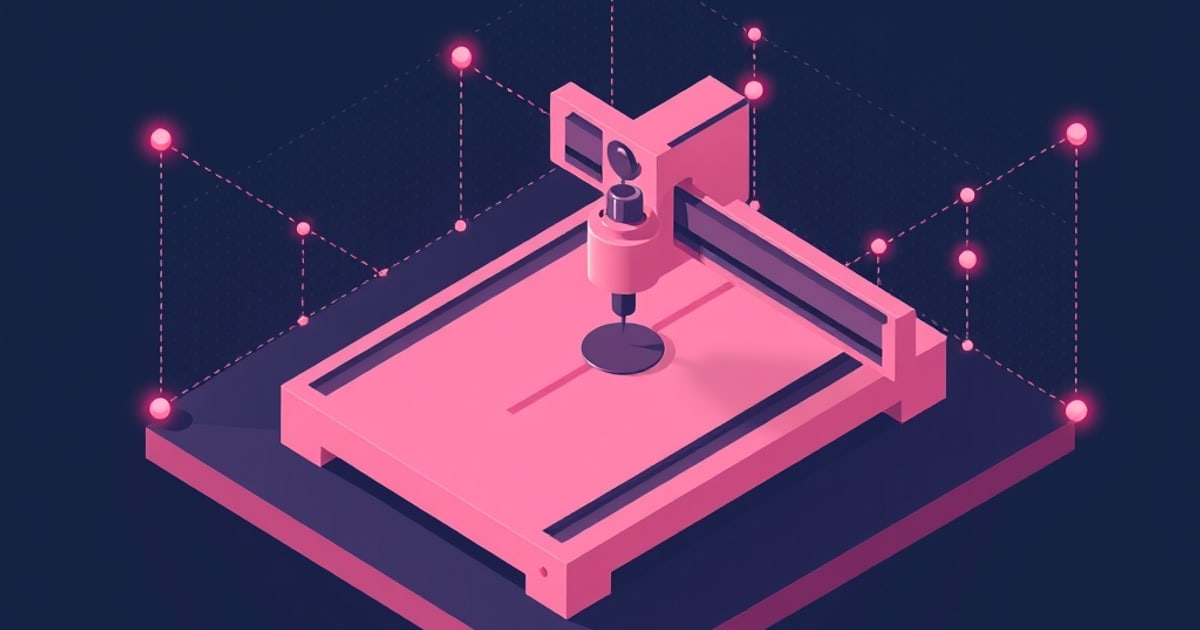 Flat isometric illustration of a pink desktop CNC router with gantry, spindle and flat bed, surrounded by dashed lines and glowing pink node dots.