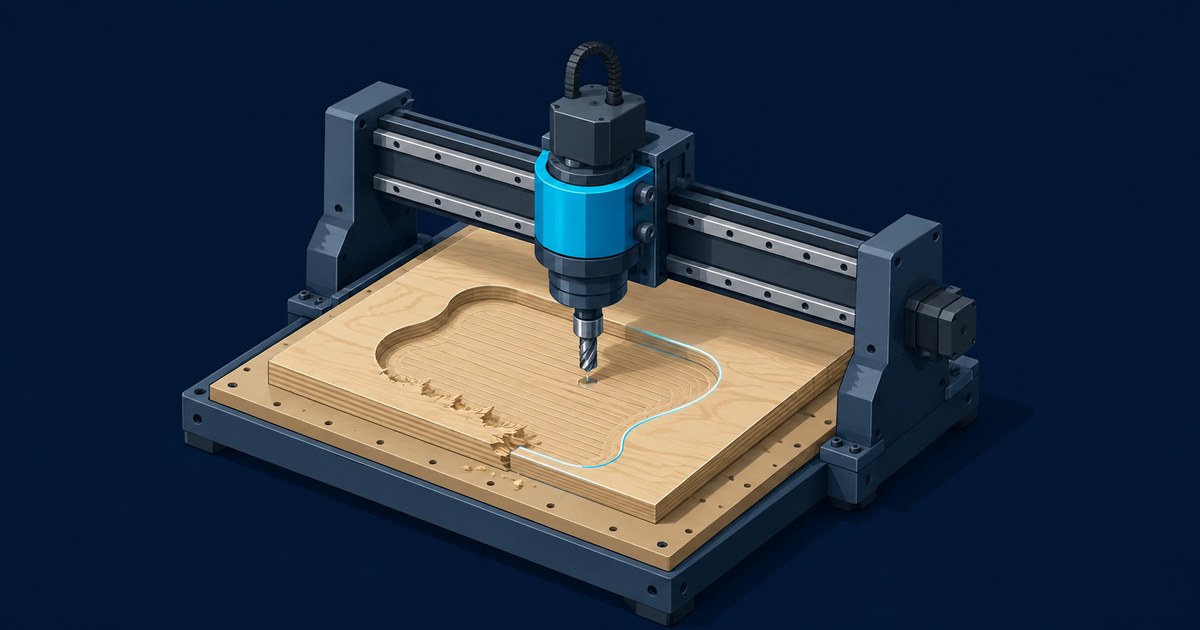 A desktop CNC router cuts a guitar-shaped pocket in plywood, with wood chips and tearout visible along the lower toolpath.