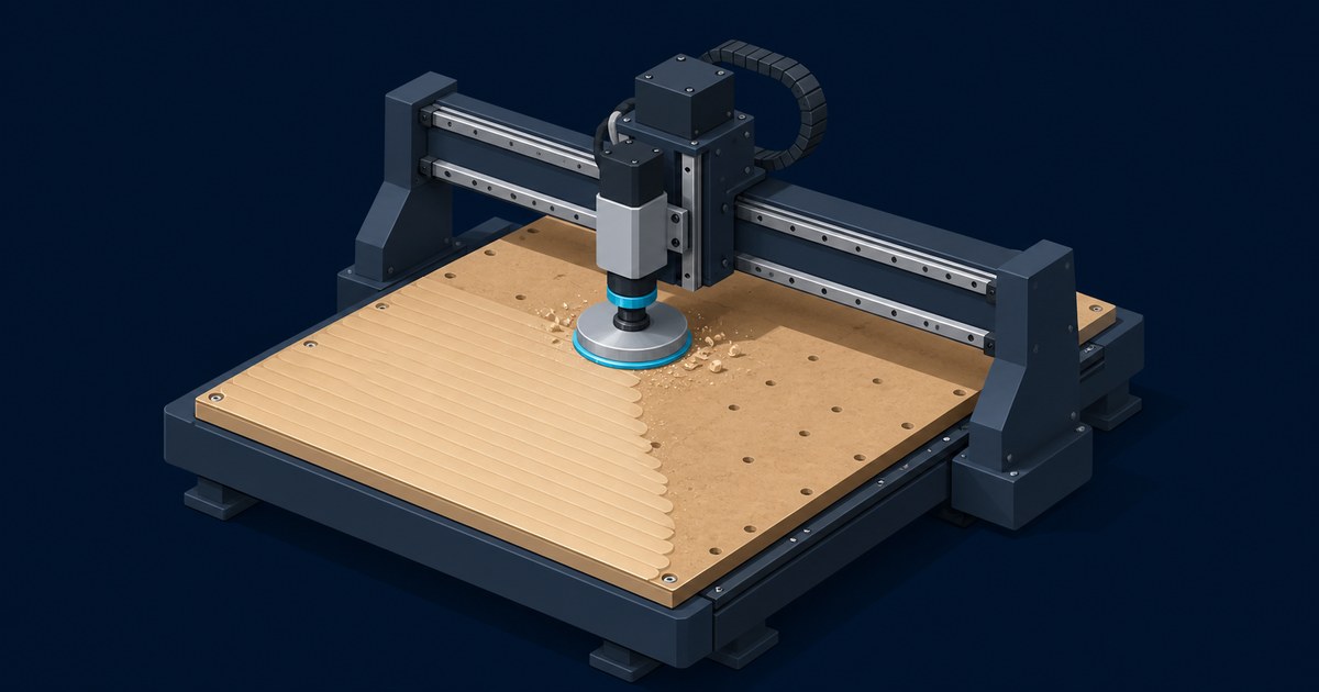 A CNC router with a spindle and dust shoe surfacing half of a wood spoilboard, leaving parallel scalloped toolpath ridges beside the untouched section