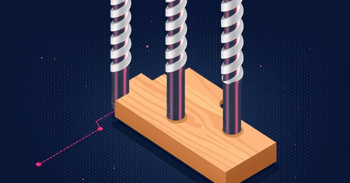 Flat isometric illustration of three spiral router cutters with visible helical flutes standing vertically in a pale wooden board on a dark dotted backdrop.